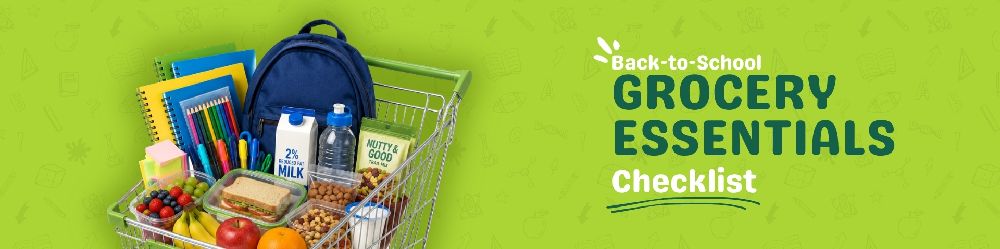 Back-to-school grocery essentials checklist with healthy snacks, lunch foods, and pantry staples